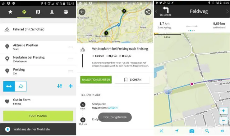Drei Android Screenshots komoot App