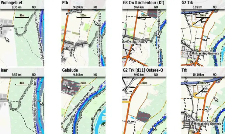 GPSmap 64s Screenshots der Velomap mit Velo Layout (oben) und Velo_Wide Layout (unten)