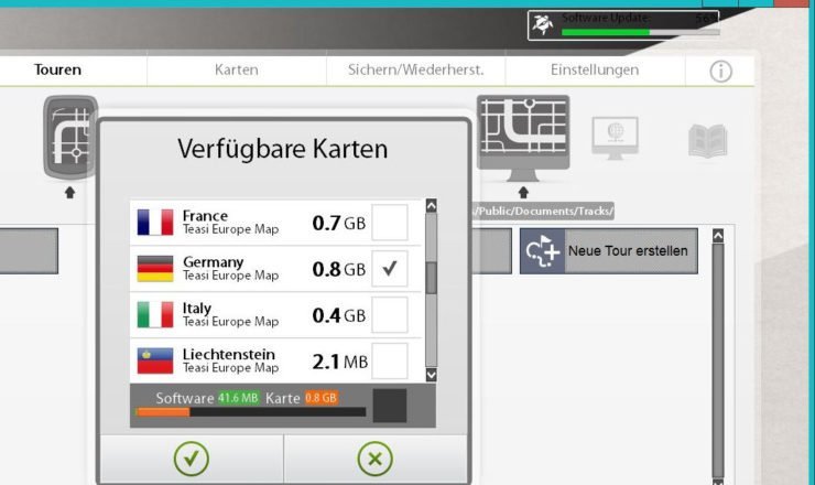 Software Update läuft (rechts oben) - Karten auswählen