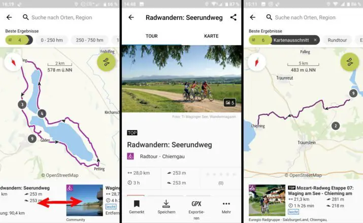 Mit wischen der Kurzinfo schnell die Touren durchgehen