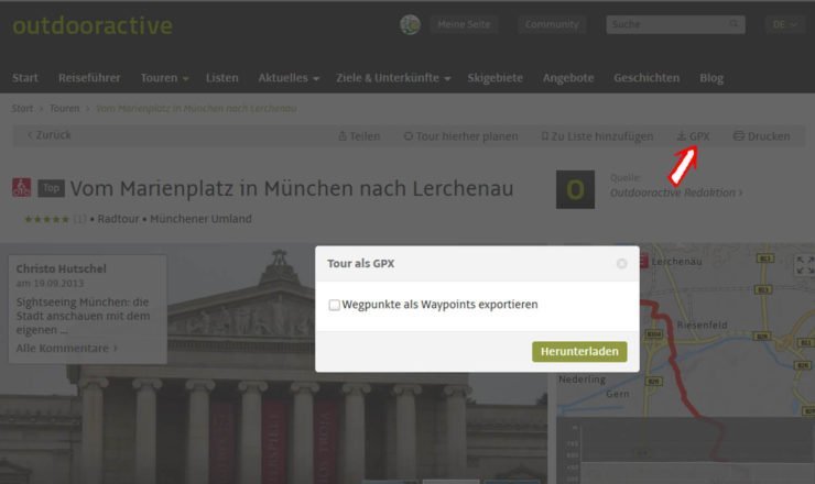 Download der Tour als GPX-Datei aus dem Onlineportal