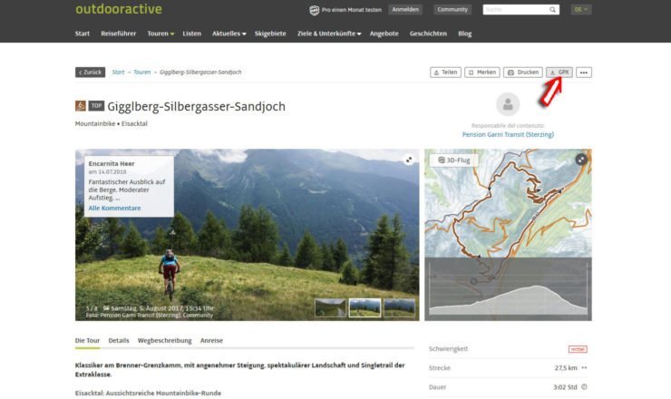 Outdooractive Detailseite mit GPX-Track Download