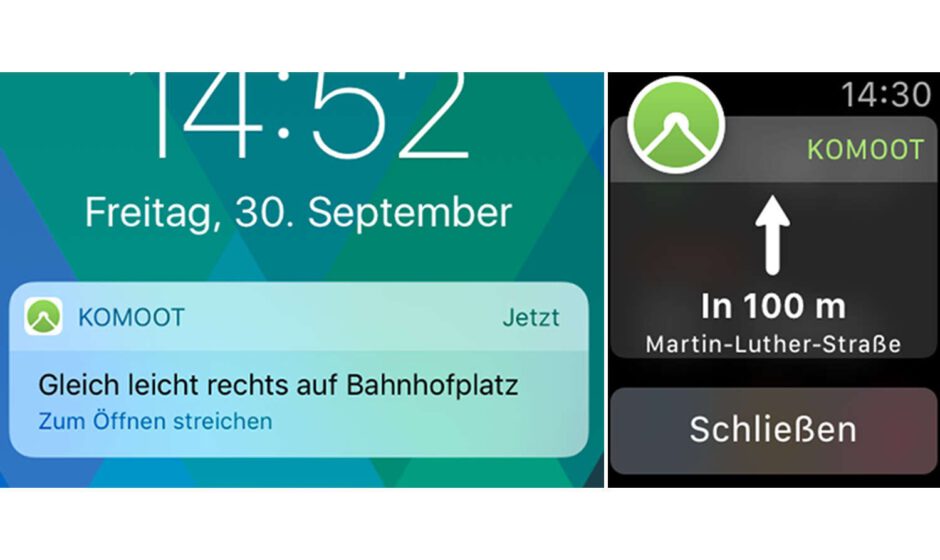 iPhone Hinweis von komoot auf die Apple Watch gespiegelt