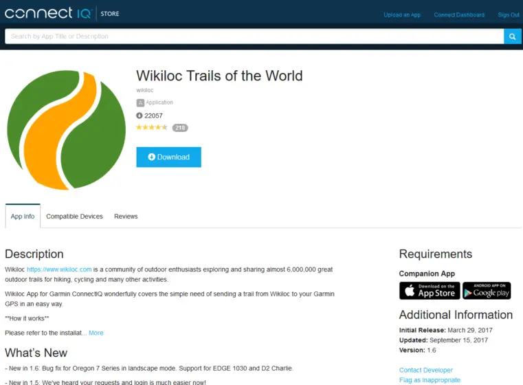 Die Wikiloc App im Garmin Connect IQ Portal