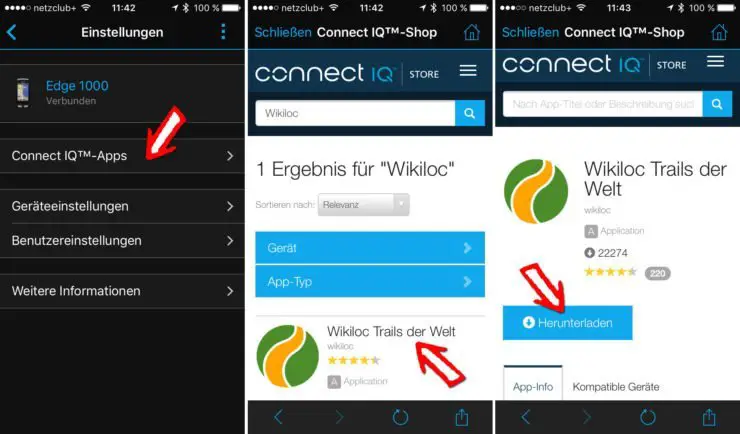 Download der Wikiloc App über die Garmin Connect Mobile App