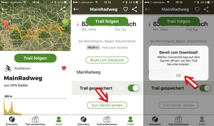 Wikiloc Trail zum Garmin senden