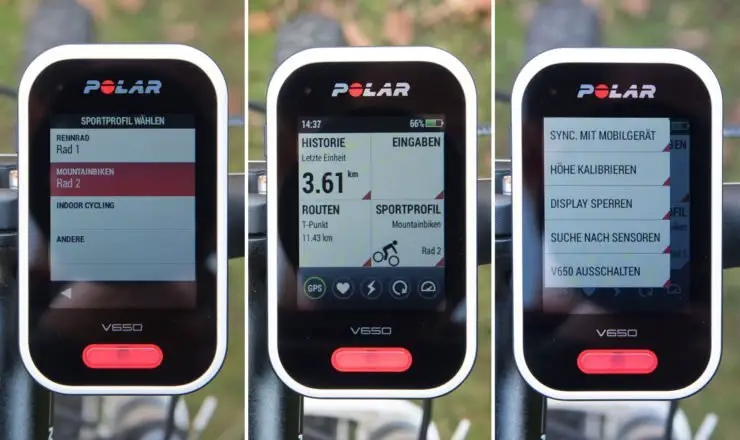 Polar V650 Startseite, Profile und Kontextmenü