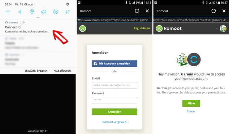 Im komoot Konto einloggen und Zugriff erlauben