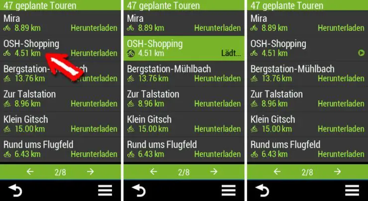 Liste mit Touren, Download, geladene Touren