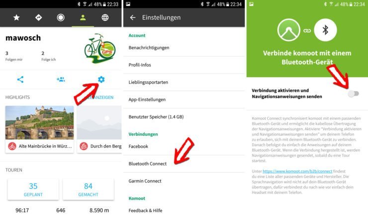 Einstellungen in der Android Zusatzapp komoot connect