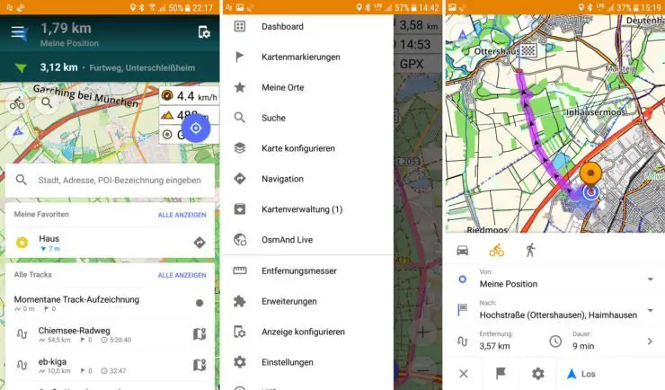Dashboard, Menü und Navigation in OsmAnd
