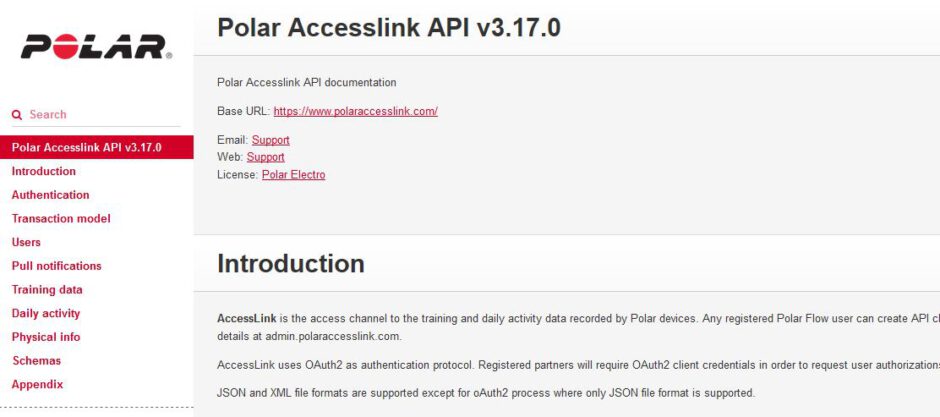 Die Polar Accesslink API Webseite