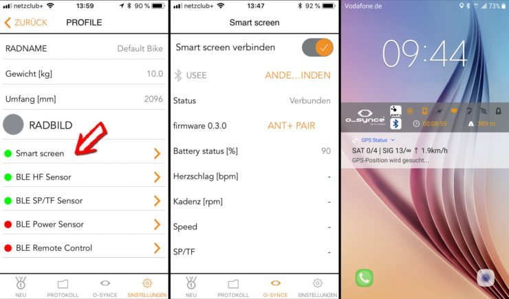 Fahrräder, Sensoren und Informationen der o-synce App auf Android
