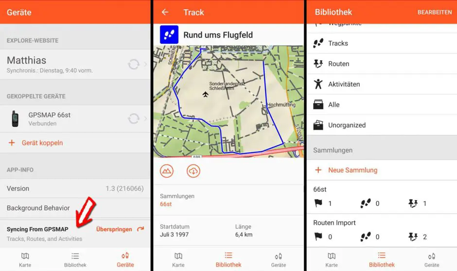 Garmin Explore App mit Datensammlungen und Kartenansicht