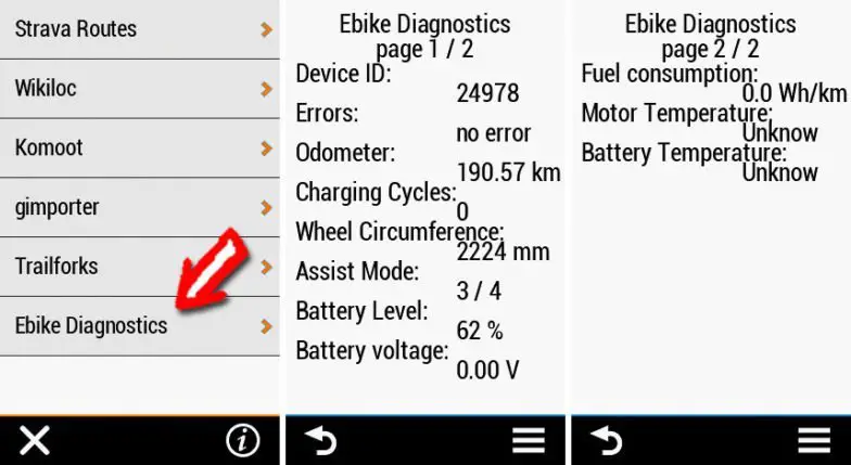 Ebike Diagnostics Infos vom Turbo Levo auf dem Garmin Edge 1030