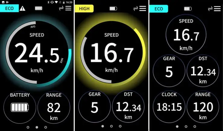 Unterschiedliche Anzeigen der Shimano E-Tube Ride App