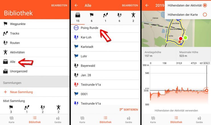 Garmin Explore Bibliothek mit Aktivitäten Details