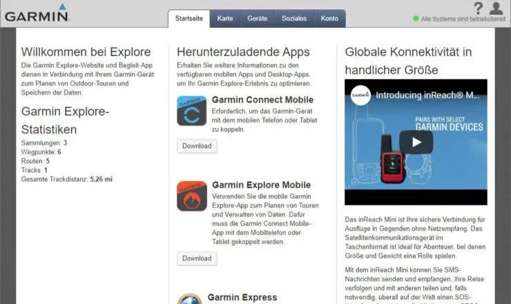 Die Startseite vom Garmin Explore Portal