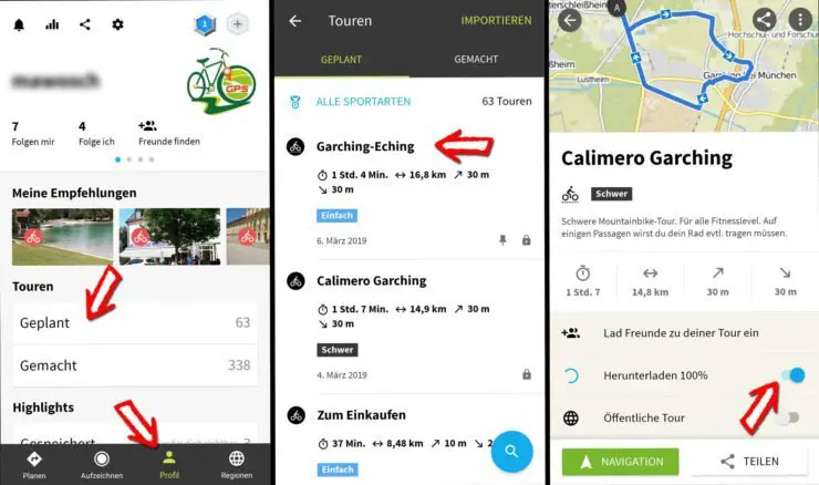 Geplante Tour in der komoot App aufrufen, offline verfügbar machen und Navigation starten
