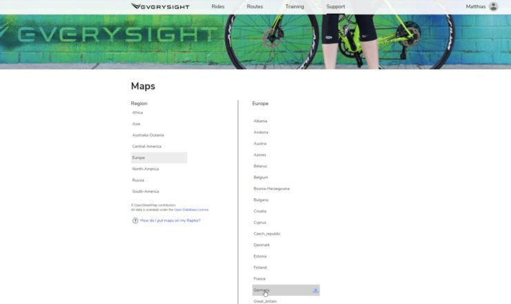 Karten Download Seite von Everysight