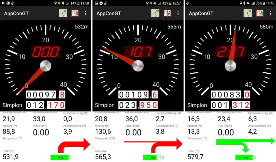 AppCon App auf dem Smartphone mit Stromfluss bei unterschiedlichen Geschwindigkeiten