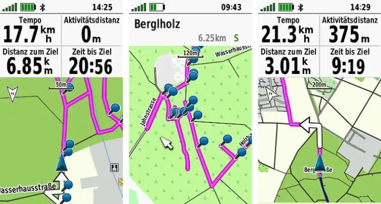 Routen Navigation mit zu vielen Routenpunkten (links, mitte)