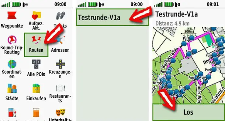 Auswahl einer Route und Start der Navigation