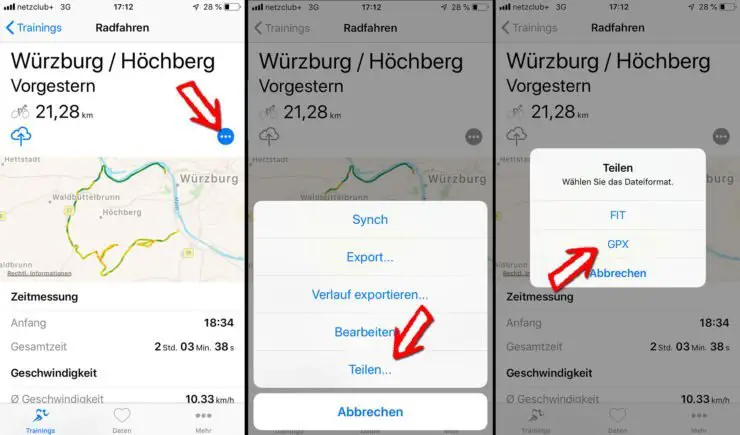 Trainingsaufzeichnung mit Navi App teilen