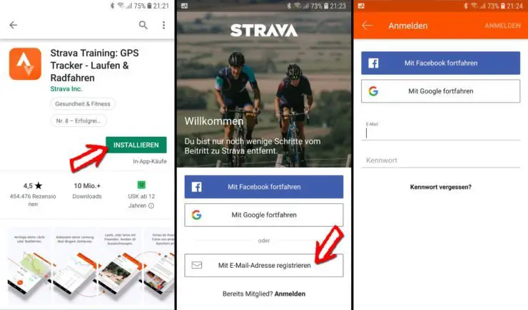Strava App installieren und Konto anlegen
