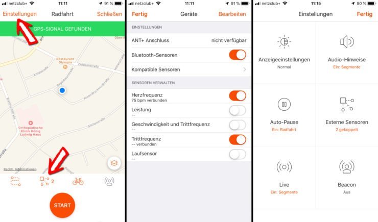 Strava Aufzeichnung starten - Externe Sensoren koppeln - Strava Einstellungen
