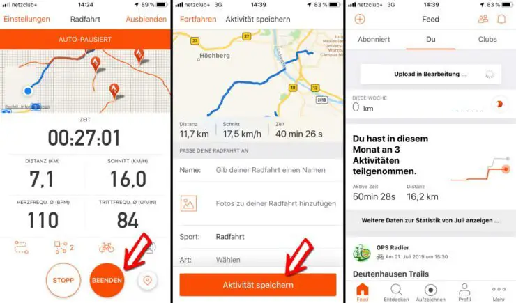 Strava Aktivität beenden, speichern und hochladen