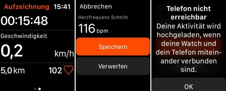 Strava auf der Apple Watch während der Fahrt und am Ende der Aufzeichnung