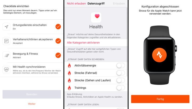 Die Einstellungen für die Strava Apple Watch App