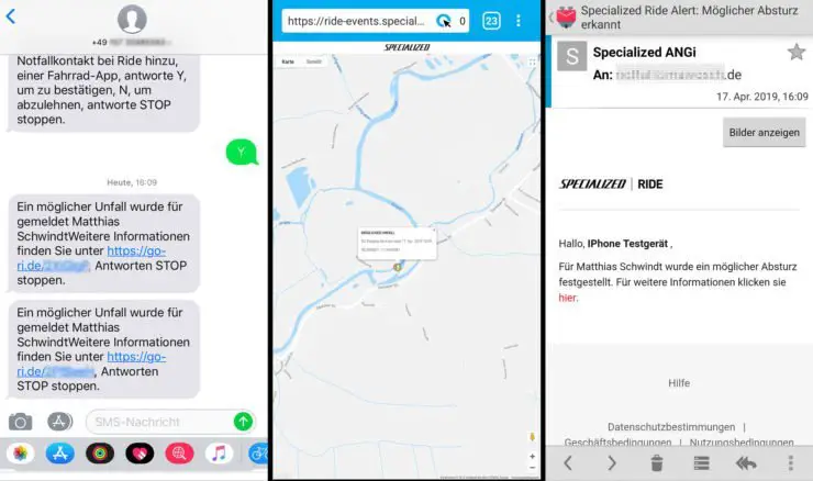 Die Alarmmeldung per SMS und E-Mail bei deinem Notfallkontakt