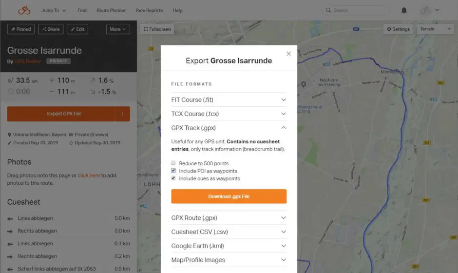 Ride with GPS: Abbiegehinweise als POIs in GPX-Export übernehmen