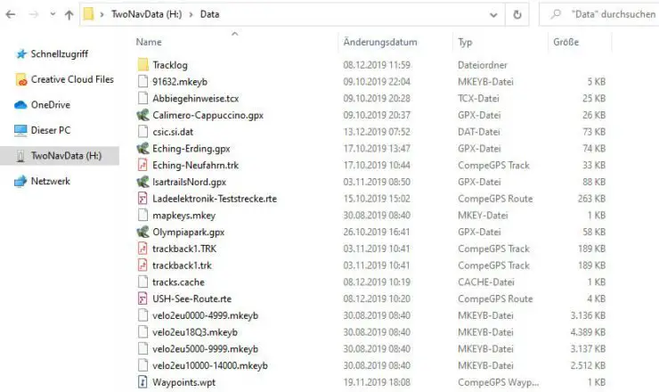 Der Data Ordner für die geplanten Tracks