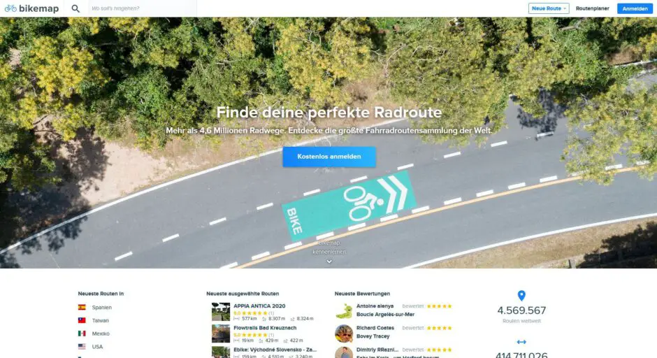 Die Startseite vom BikeMap Online Portal
