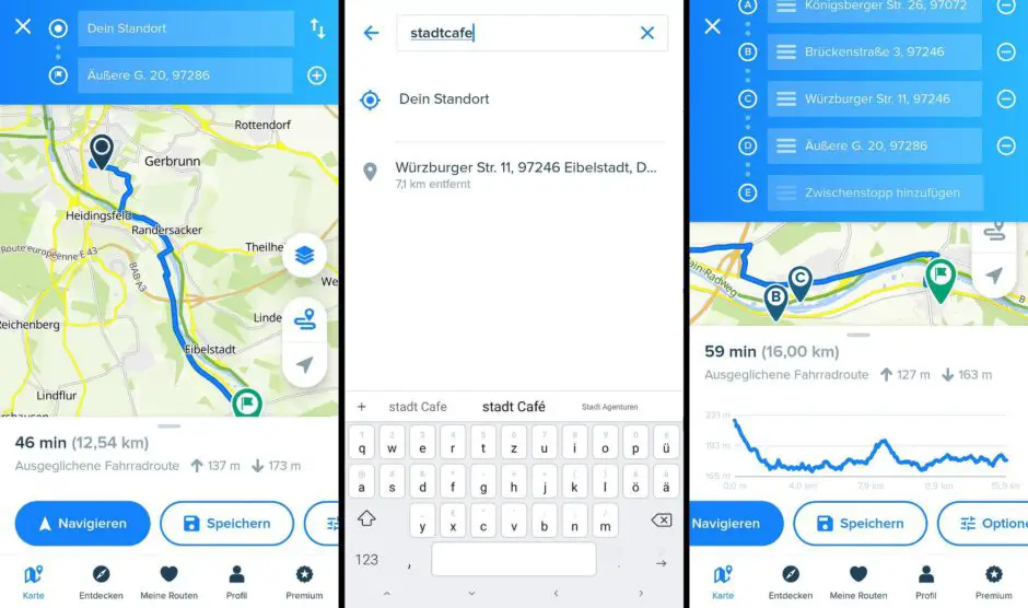 Individuelle Strecke mit Zwischenzielen in BikeMap App planen
