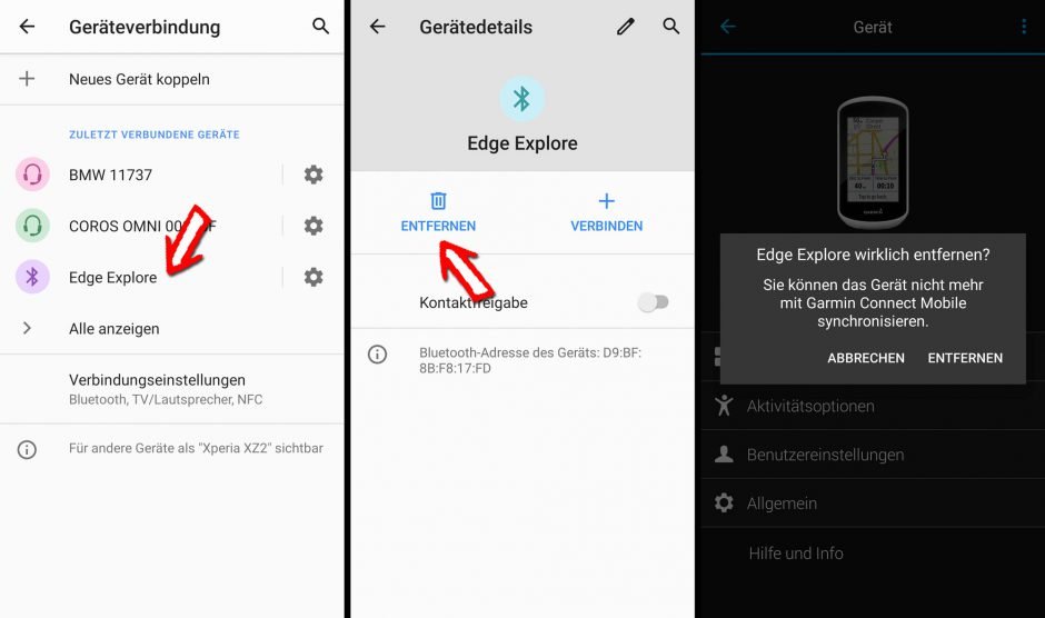 Edge Explore aus Bluetooth Einstellungen und Garmin Connect löschen