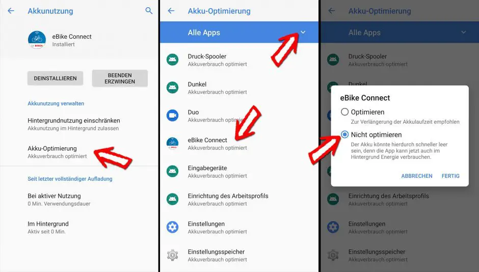 Bosch eBike Connect App auf die Liste der nicht optimierten Apps setzen