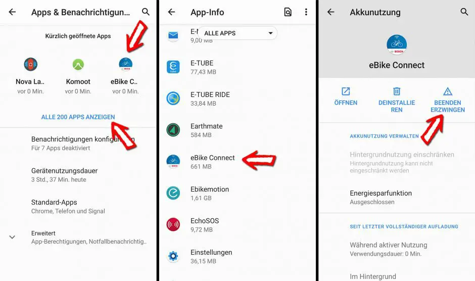 Beenden erzwingen bei der Bosch eBike Connect App unter Android