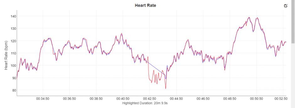 Vergleich der Herzfrequenz Sensoren Sigma R1 Duo (rot) mit Garmin HRM-Dual (blau)