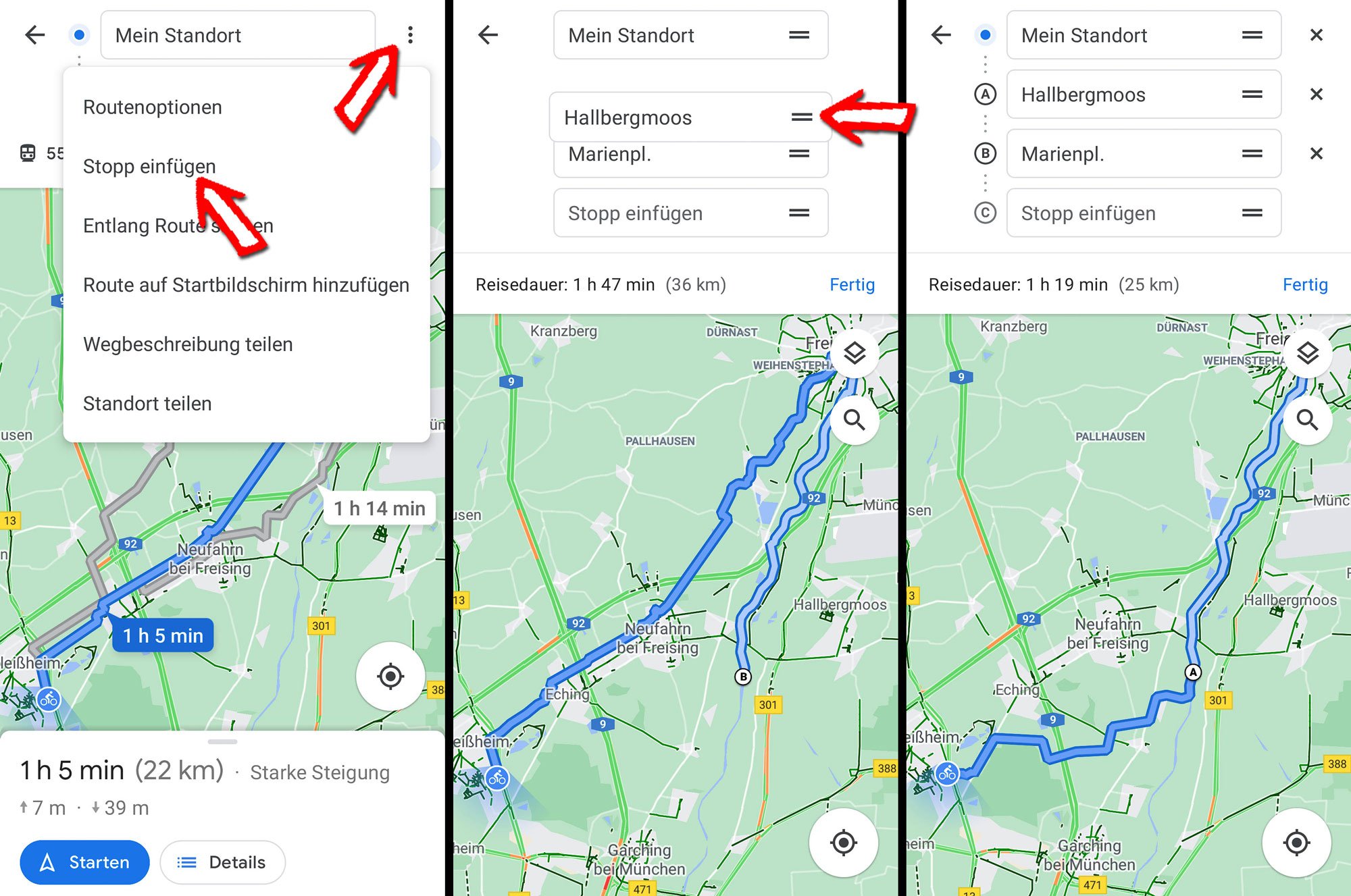 gooogle maps immer über straén beim fahrrad