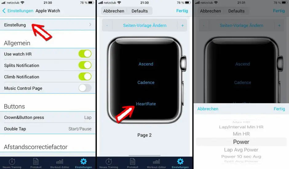 Einrichten der iSmoothRun Datenseiten für die Apple Watch