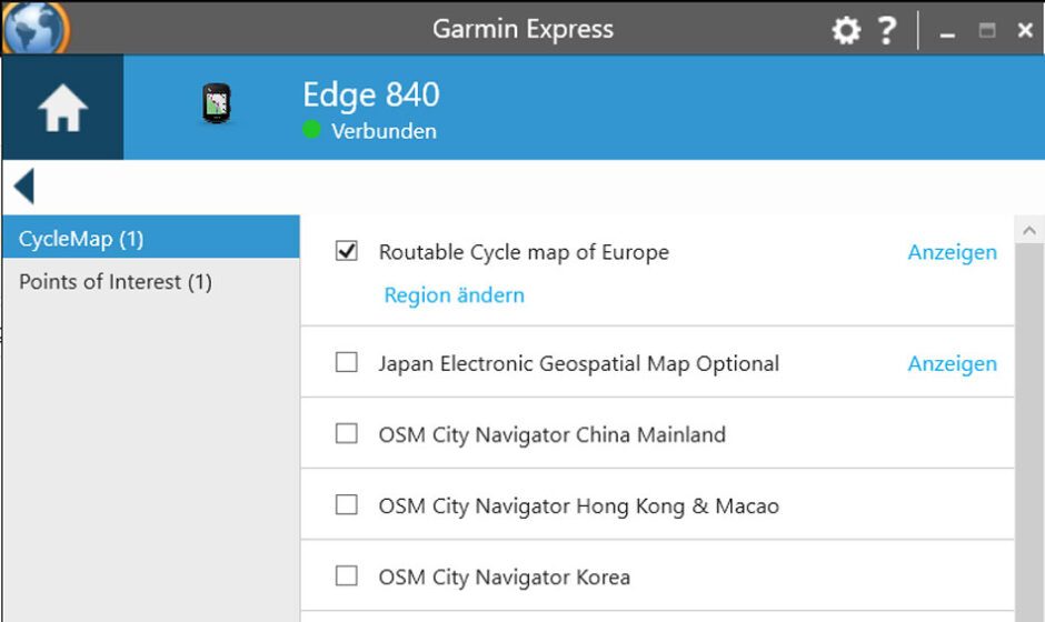 Kartenverwaltung in Garmin Express