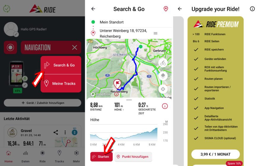 Search & Go Navigation in der Ride App