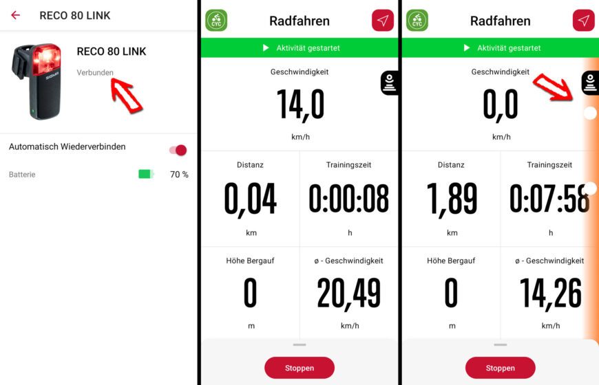 Radar Informatione auf Ride Screen der Sigma App